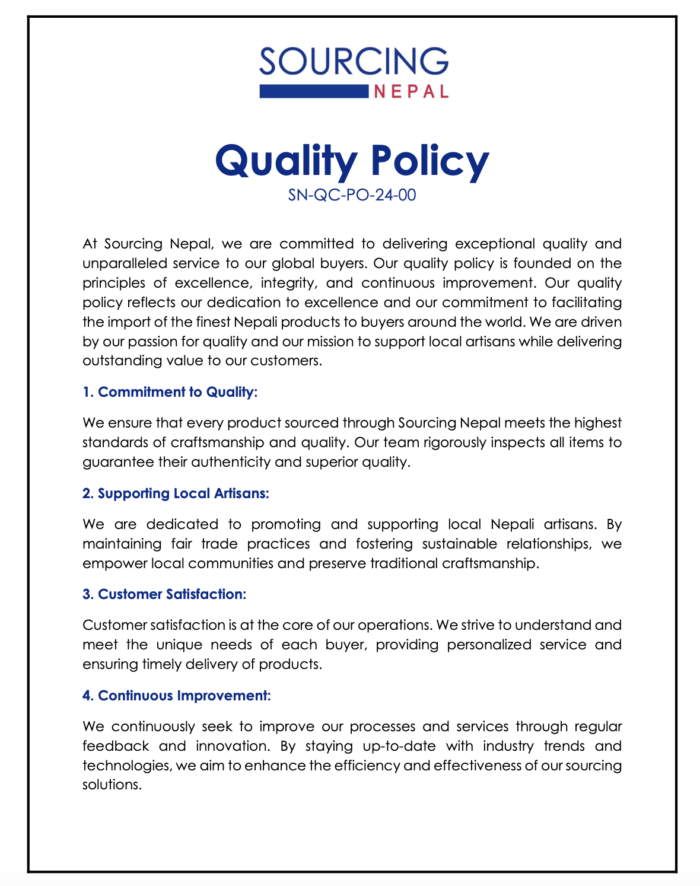 Sourcing Nepal Quality Policy