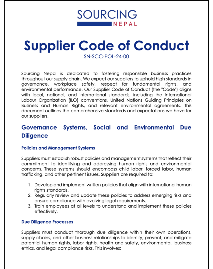 Sourcing Nepal Supplier Code of Conduct