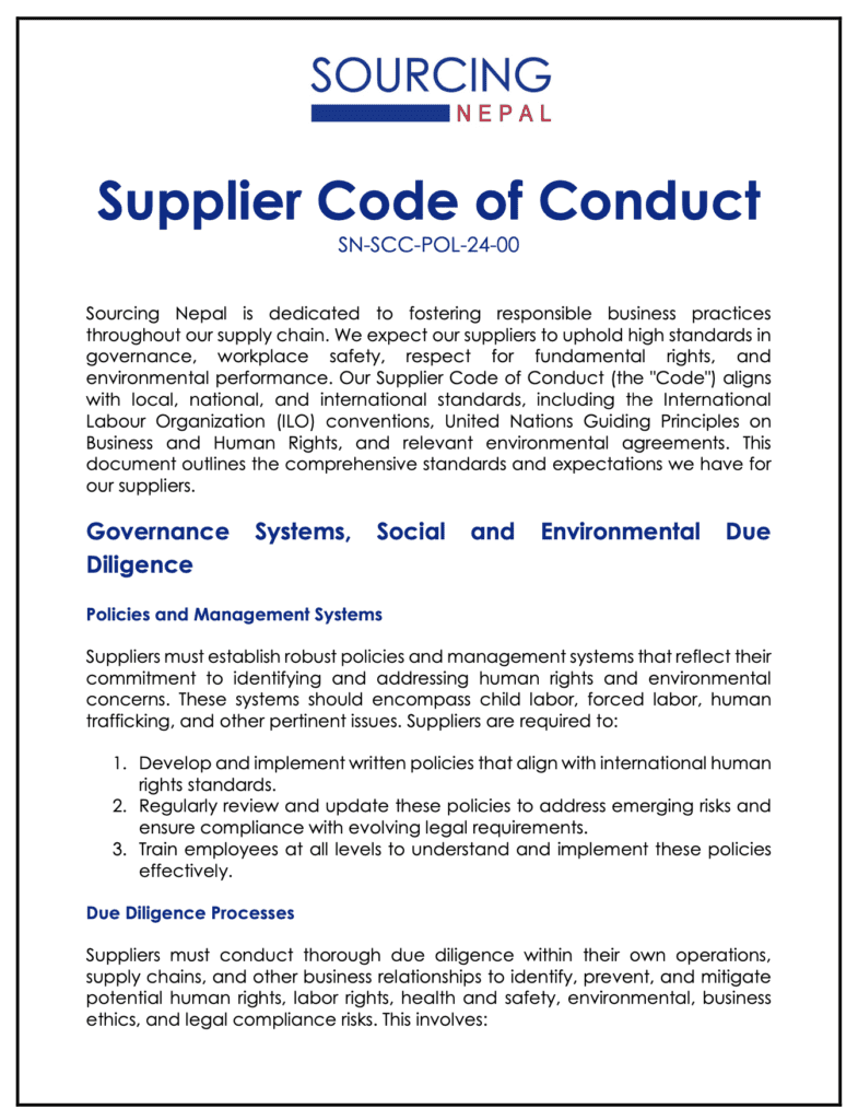 Sourcing Nepal Supplier Code of Conduct
