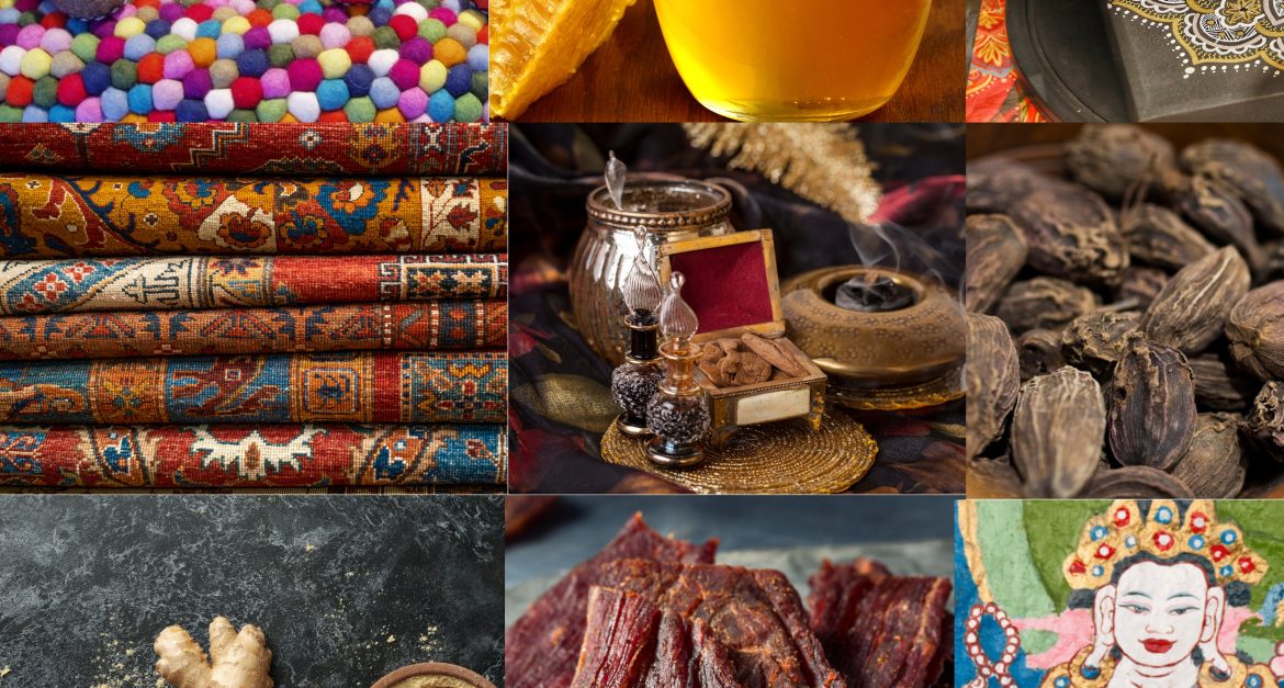 Collage showcasing Nepalese products: handmade felt slippers, honey, intricate hand-painted artwork, traditional carpets, aromatic spices, black cardamom, fresh ginger, dried meat, and traditional incense. Perfect representation of Nepal's diverse and authentic exports.