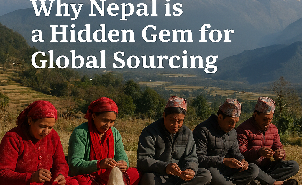 Image of Nepalilocal artisans working on handmade crafts with the Himalayas in the background.