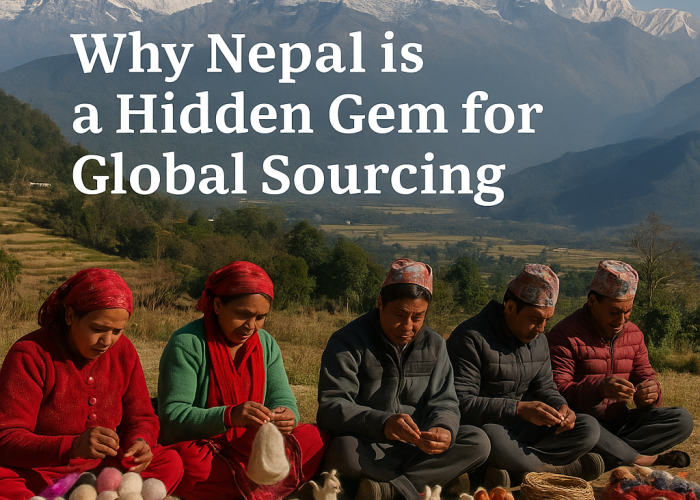 Image of Nepalilocal artisans working on handmade crafts with the Himalayas in the background.