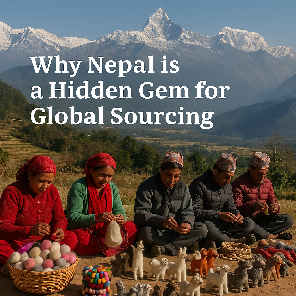 Image of Nepalilocal artisans working on handmade crafts with the Himalayas in the background.