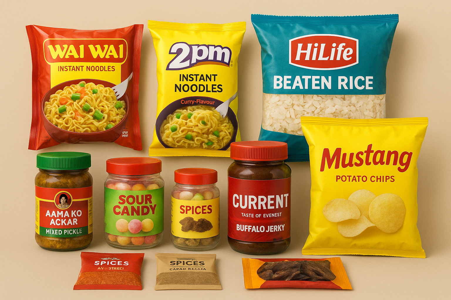 Assorted popular Nepali FMCG products including noodles, biscuits, pickles, chips, and spices, displayed with export-ready packaging.