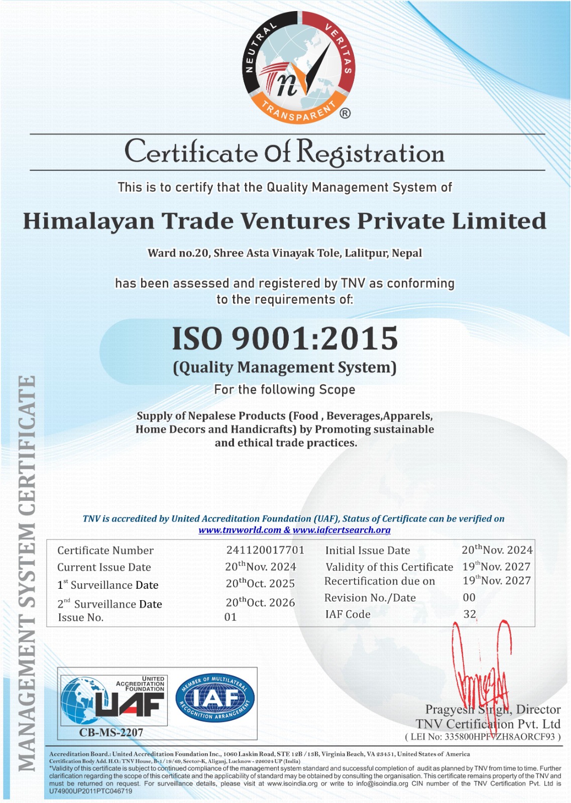 Sourcing Nepal ISO 9001 Certificate