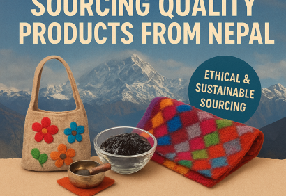 Nepalese products displayed with mountains in the background.