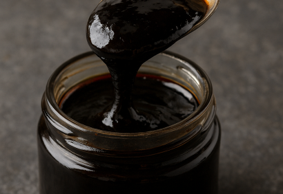 Jar of black Himalayan shilajit resin on a spoon