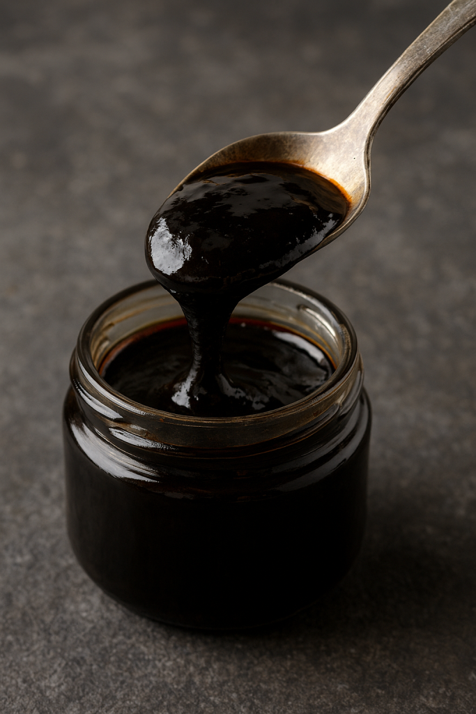 Jar of black Himalayan shilajit resin on a spoon