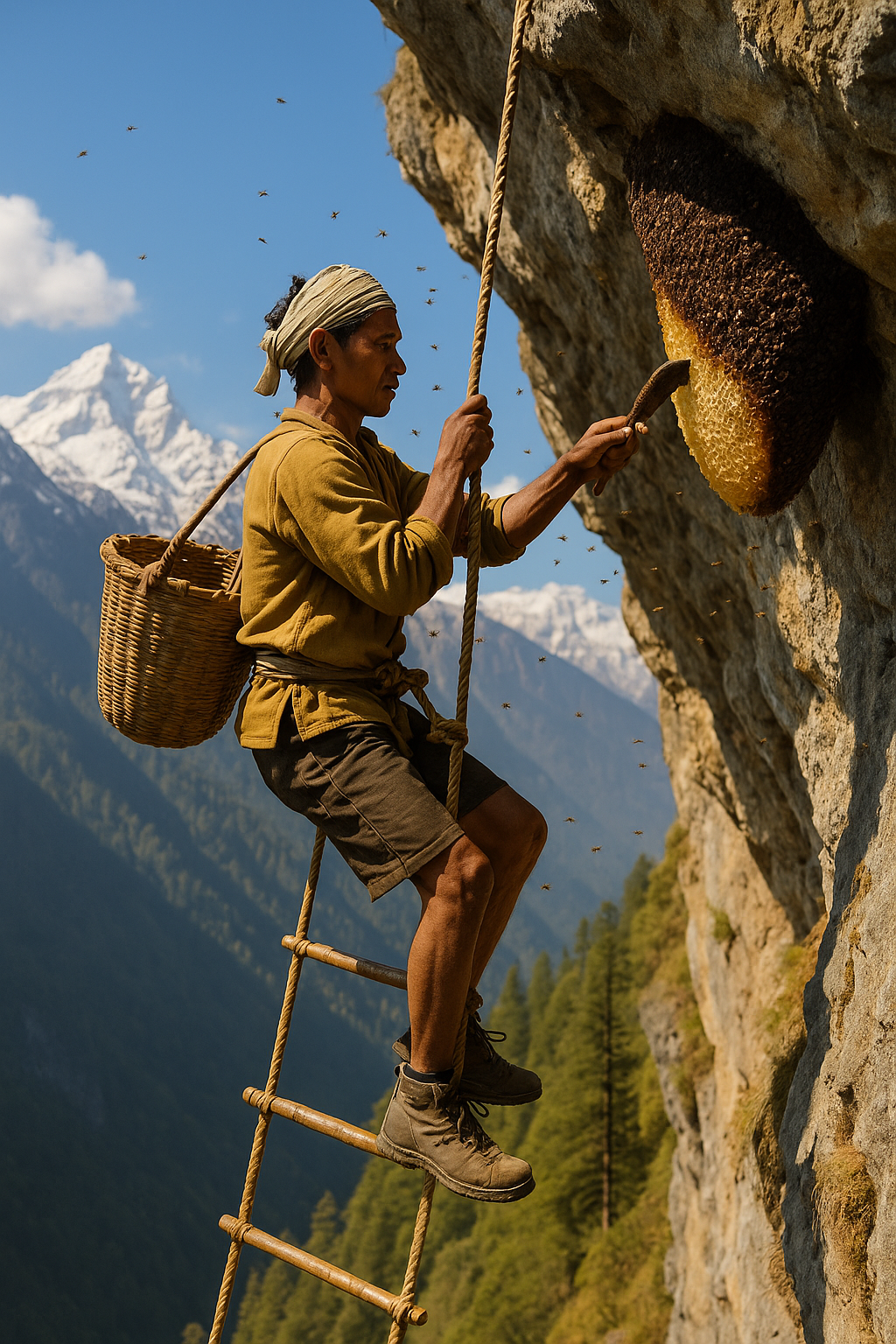 Honey hunter harvesting wild cliff honey in Nepal