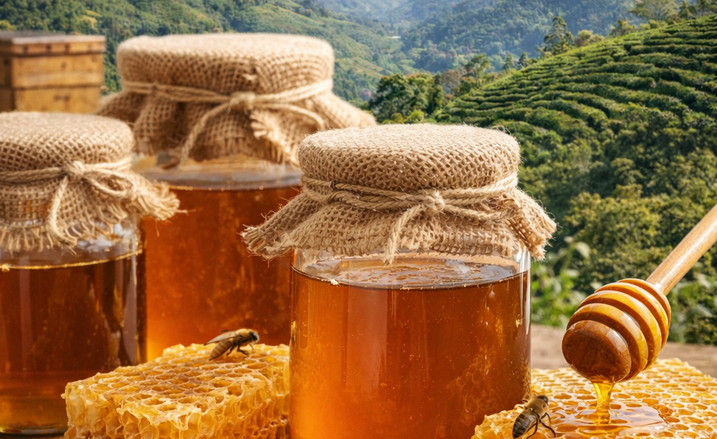 Jars of organic Himalayan honey with honeycombs, wooden honey dipper, and Himalayan mountains in the background ready for export from Nepal
