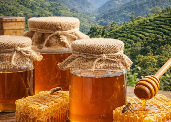 Jars of organic Himalayan honey with honeycombs, wooden honey dipper, and Himalayan mountains in the background ready for export from Nepal