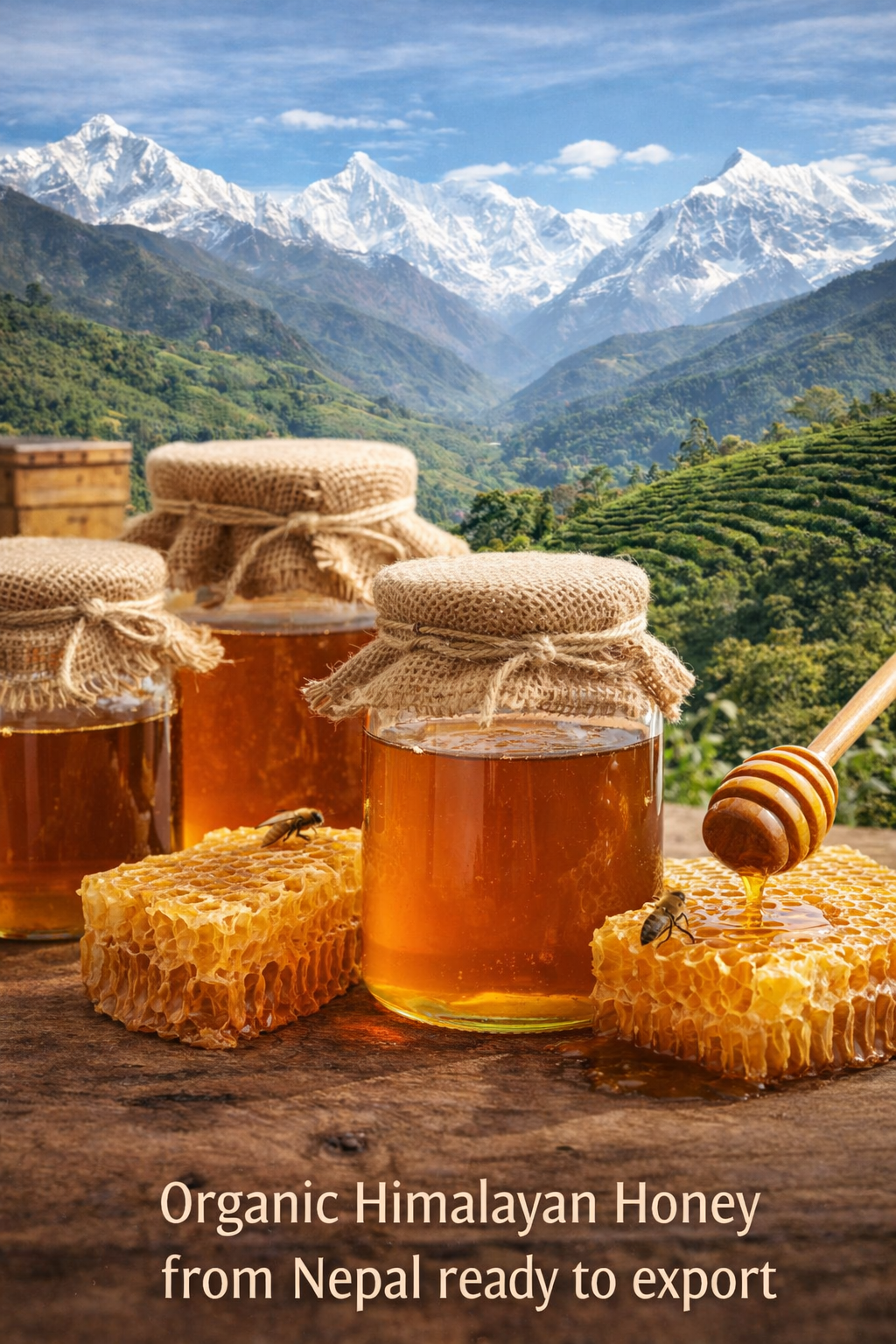 Jars of Himalayan honey with honeycomb and the mountains of Nepal