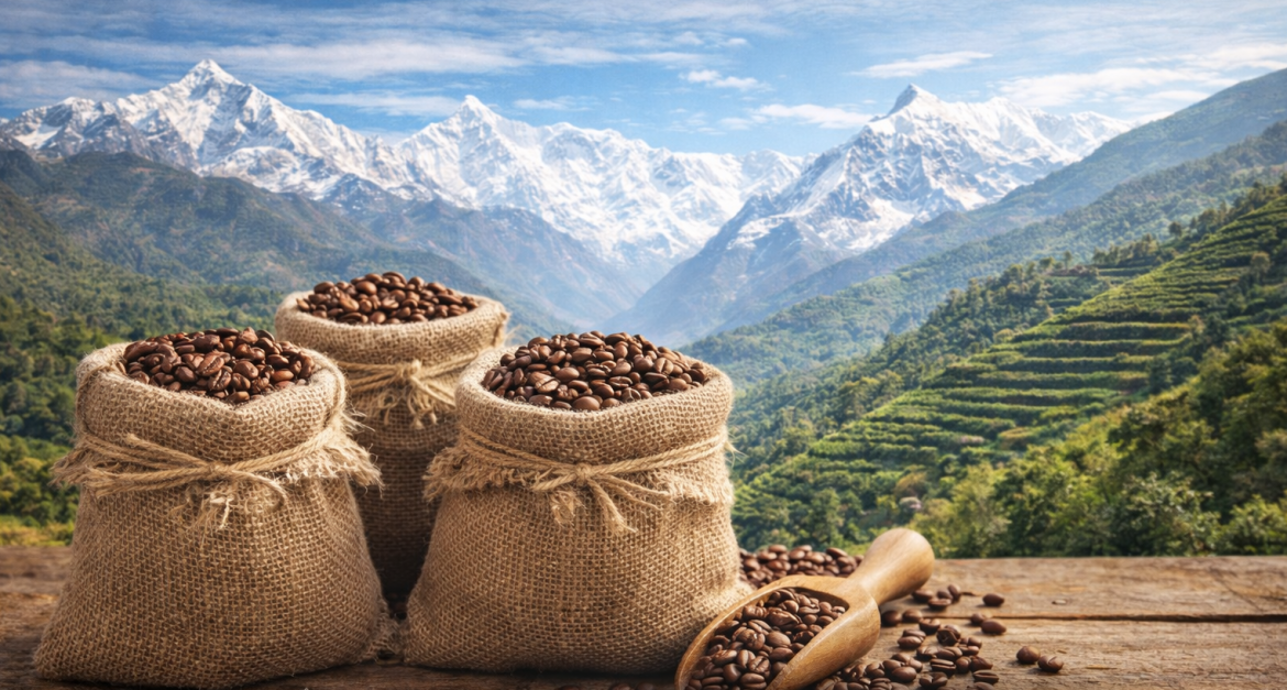 Three burlap sacks filled with freshly roasted single-origin Nepal coffee beans on a wooden table, with a wooden scoop and Himalayan mountains in the background, highlighting smallholder farm sourcing and export readiness