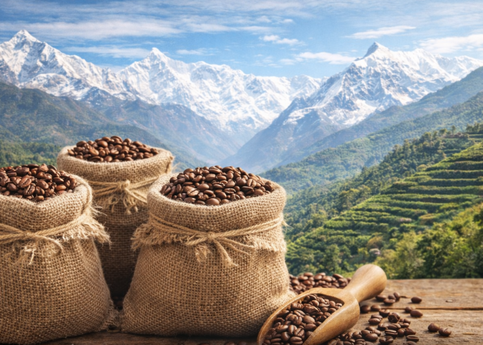 Three burlap sacks filled with freshly roasted single-origin Nepal coffee beans on a wooden table, with a wooden scoop and Himalayan mountains in the background, highlighting smallholder farm sourcing and export readiness