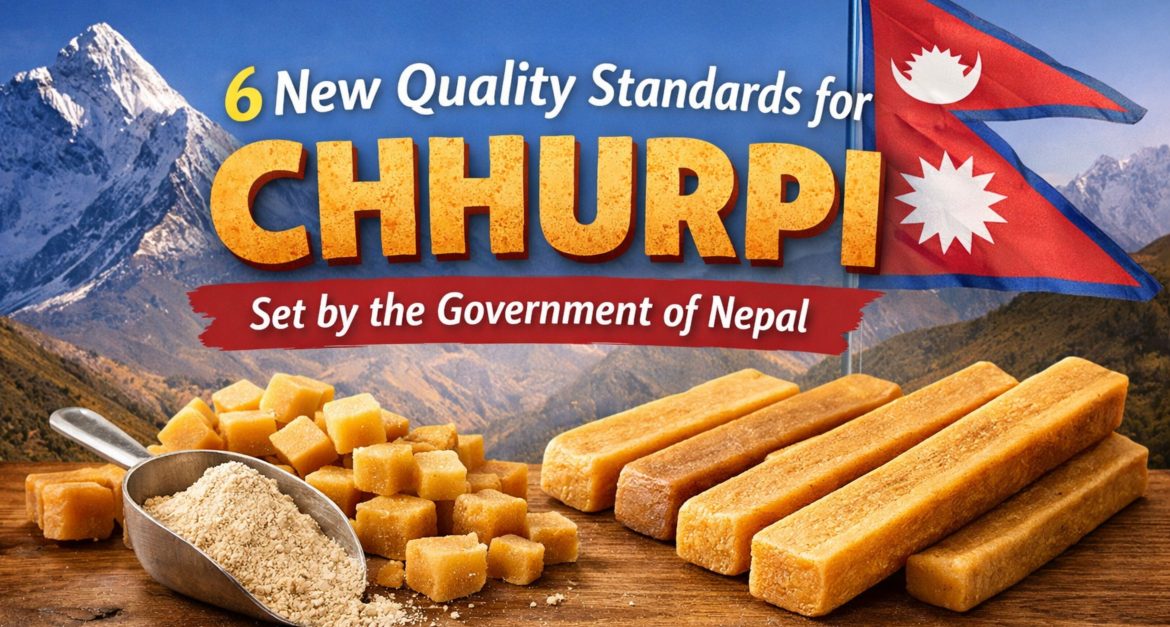 High-quality Chhurpi pieces on a wooden surface with snow-capped Himalayan mountains in the background, Nepali flag visible, representing new government quality standards for Chhurpi in Nepal.