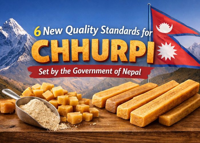 Chhurpi High-quality Chhurpi pieces on a wooden surface with snow-capped Himalayan mountains in the background, Nepali flag visible, representing new government quality standards for Chhurpi in Nepal.