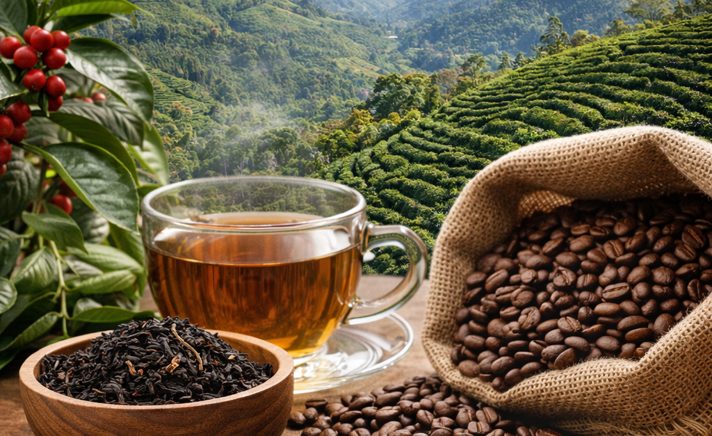 Premium Nepalese tea and coffee beans displayed with Himalayan mountain tea terraces in the background for export