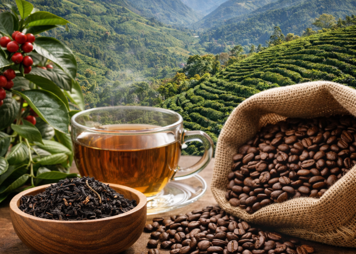 Premium Nepalese tea and coffee beans displayed with Himalayan mountain tea terraces in the background for export