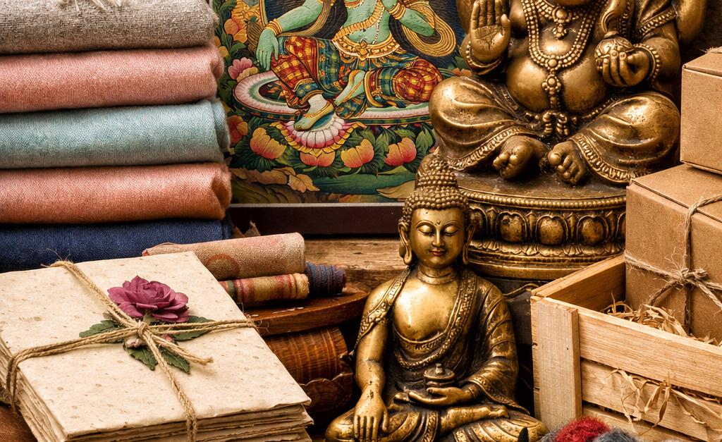 Assorted Nepalese handicrafts including pashmina shawls, thangka paintings, metal statues, and lokta paper products arranged for export