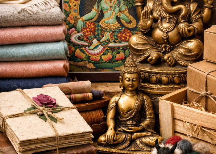 new Assorted Nepalese handicrafts including pashmina shawls, thangka paintings, metal statues, and lokta paper products arranged for export