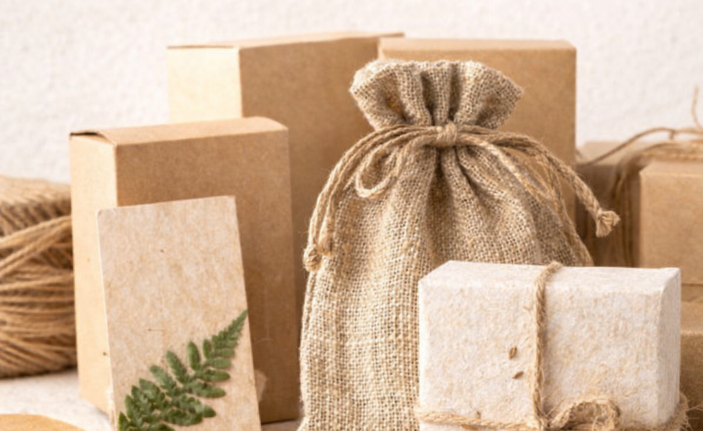 Sustainable packaging products from Nepal including burlap bags, handmade paper boxes, and biodegradable kraft packaging for global markets