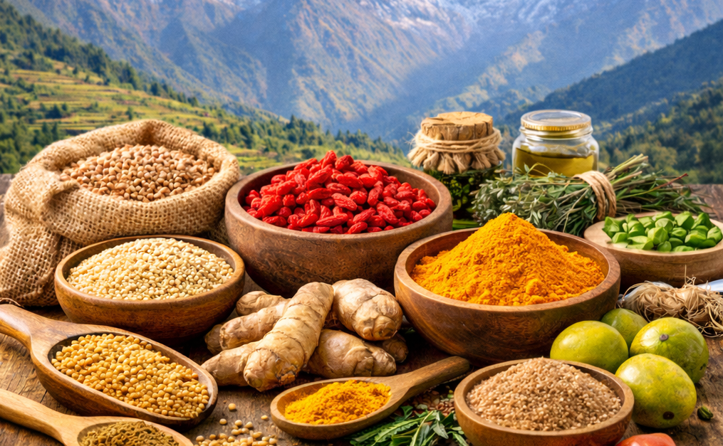 Organic superfoods from Nepal for B2B export including buckwheat, goji berries, turmeric, ginger, and lapsi powder displayed on wooden bowls with Himalayan mountains in the background.