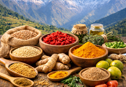 Organic superfoods from Nepal for B2B export including buckwheat, goji berries, turmeric, ginger, and lapsi powder displayed on wooden bowls with Himalayan mountains in the background.