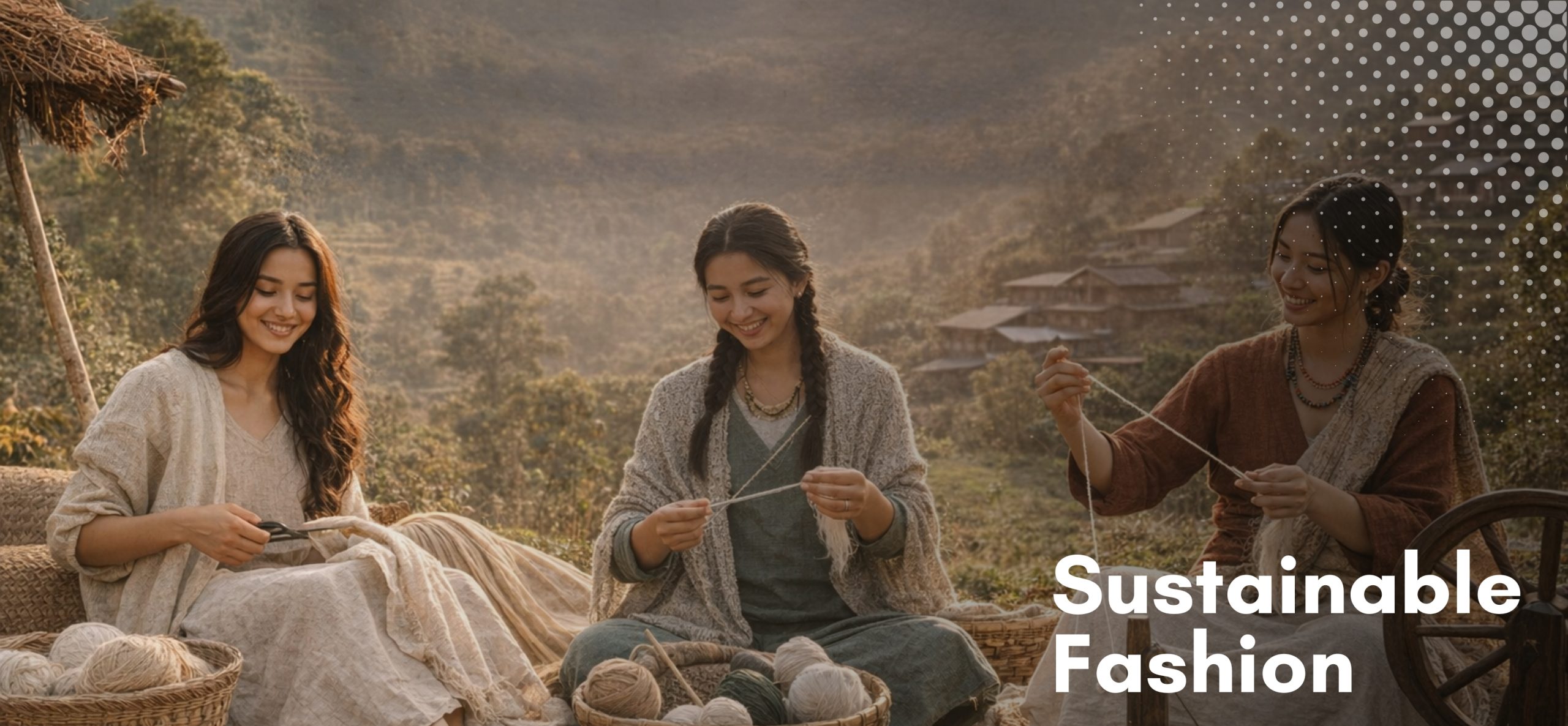 Nepali artisans crafting eco-friendly clothing with natural fibers in a traditional village setting, representing sustainable fashion production in Nepal