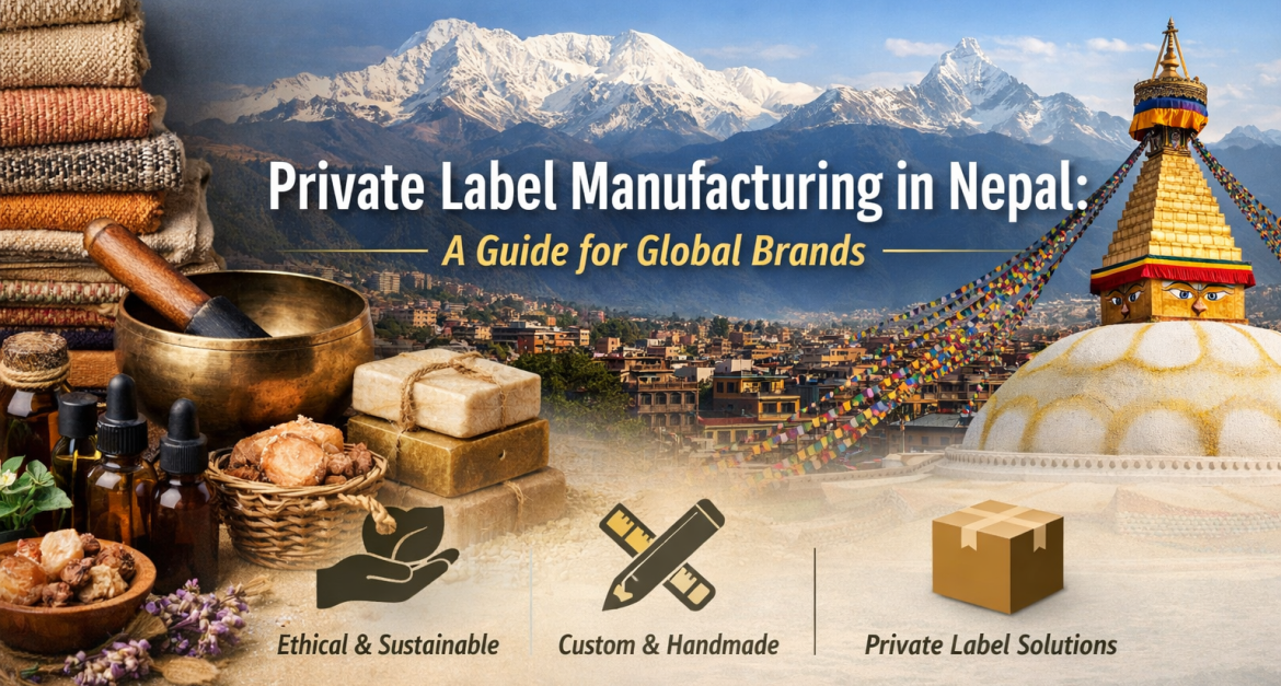 Blog header image for “Private Label Manufacturing in Nepal: A Complete Guide for Global Brands.” The image features stacked Nepalese textiles, handmade soaps, essential oils, and herbs on the left, with the Himalayan mountains and a Nepali stupa in the background. Icons at the bottom highlight ethical & sustainable production, custom & handmade products, and private label solutions. The title is prominently displayed in bold white and yellow text.