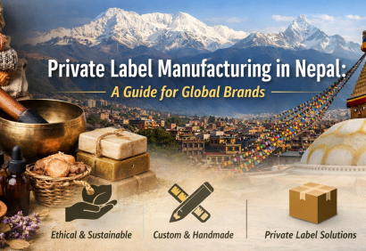 Blog header image for “Private Label Manufacturing in Nepal: A Complete Guide for Global Brands.” The image features stacked Nepalese textiles, handmade soaps, essential oils, and herbs on the left, with the Himalayan mountains and a Nepali stupa in the background. Icons at the bottom highlight ethical & sustainable production, custom & handmade products, and private label solutions. The title is prominently displayed in bold white and yellow text.