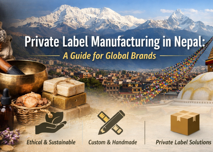 Blog header image for “Private Label Manufacturing in Nepal: A Complete Guide for Global Brands.” The image features stacked Nepalese textiles, handmade soaps, essential oils, and herbs on the left, with the Himalayan mountains and a Nepali stupa in the background. Icons at the bottom highlight ethical & sustainable production, custom & handmade products, and private label solutions. The title is prominently displayed in bold white and yellow text.