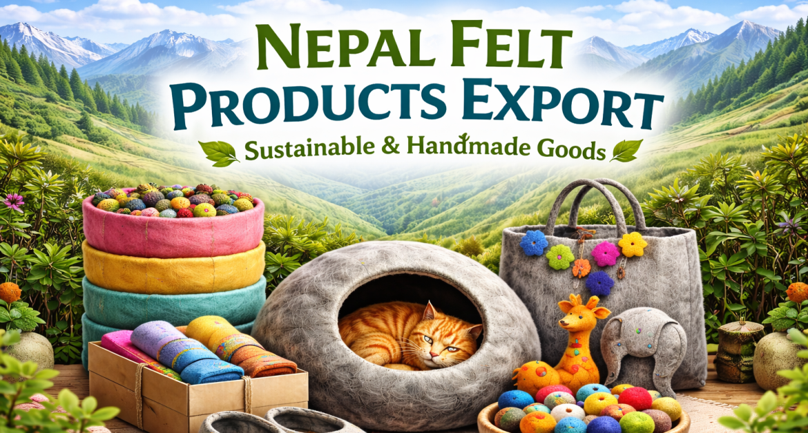 Promotional image showcasing Nepal felt products for export, featuring handmade colorful felt baskets, slippers, home décor items, pet cave with a resting cat, and playful felt toys. Background shows Himalayan terraced hills and snow-capped mountains. Text overlay reads 'Nepal Felt Products Export – Sustainable & Handmade Goods'. Bright, vibrant, and professionally arranged for B2B sourcing.