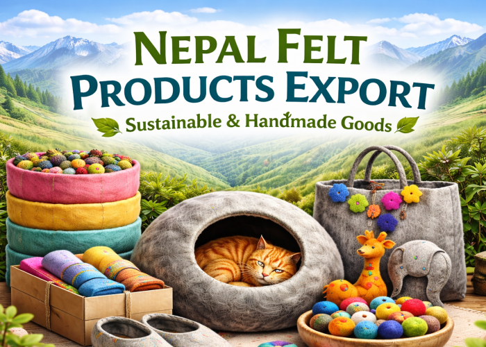 Nepal felt products export Promotional image showcasing Nepal felt products for export, featuring handmade colorful felt baskets, slippers, home décor items, pet cave with a resting cat, and playful felt toys. Background shows Himalayan terraced hills and snow-capped mountains. Text overlay reads 'Nepal Felt Products Export – Sustainable & Handmade Goods'. Bright, vibrant, and professionally arranged for B2B sourcing.