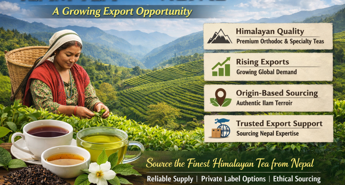 Illustration of Ilam tea export from Nepal showing a Nepali tea picker harvesting fresh tea leaves in terraced Himalayan hills. Three cups of brewed tea in different varieties are displayed in the foreground. Infographics highlight Himalayan quality, rising exports, origin-based sourcing, and trusted export support, emphasizing premium and ethically sourced Ilam tea.