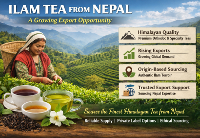 Illustration of Ilam tea export from Nepal showing a Nepali tea picker harvesting fresh tea leaves in terraced Himalayan hills. Three cups of brewed tea in different varieties are displayed in the foreground. Infographics highlight Himalayan quality, rising exports, origin-based sourcing, and trusted export support, emphasizing premium and ethically sourced Ilam tea.