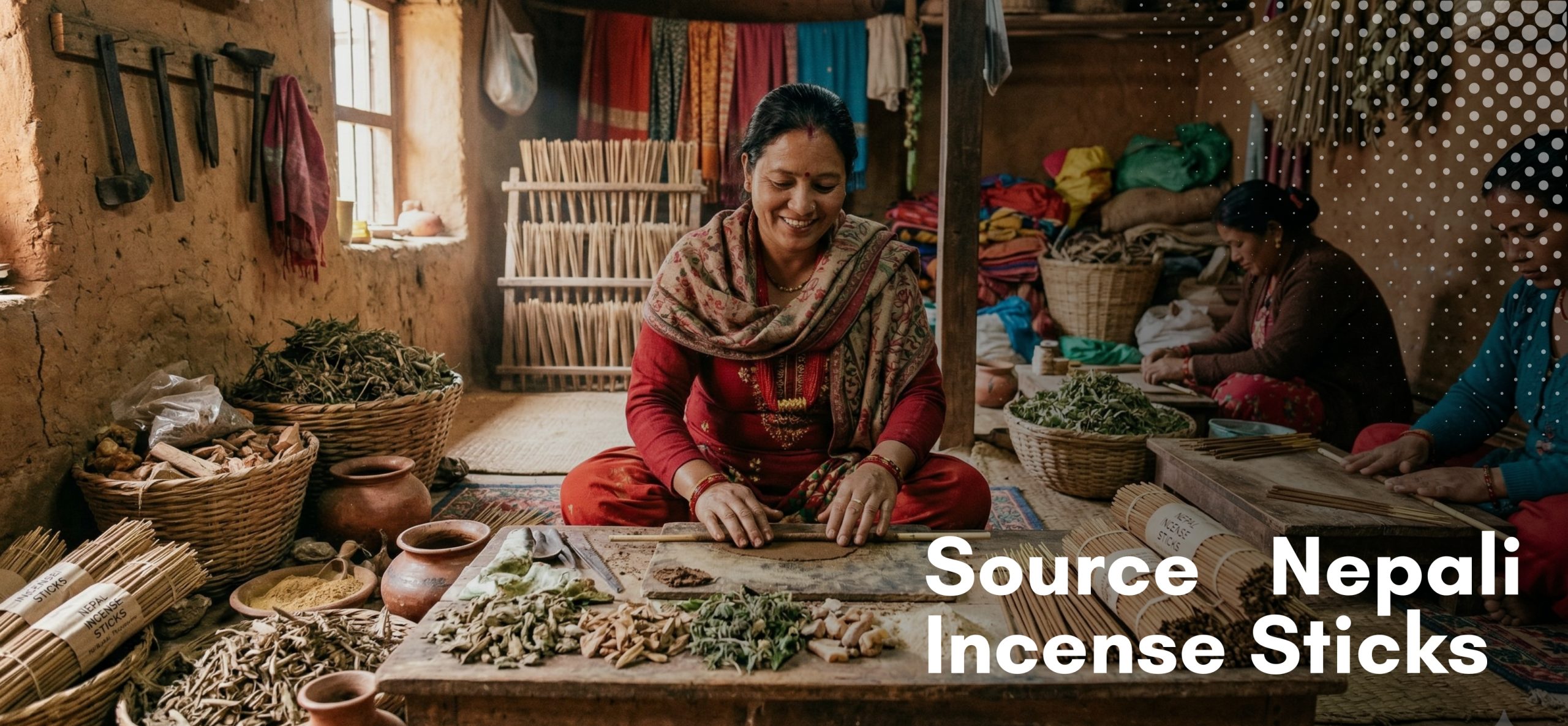A group of Nepali women skillfully hand-rolling traditional incense sticks in a rustic, authentic workshop, surrounded by bundles of raw Himalayan herbs and natural ingredients for sourcing.