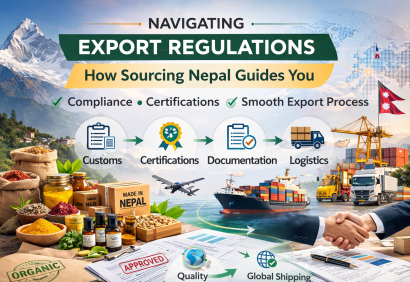 Infographic showing Sourcing Nepal’s export services: Nepalese products like spices, herbs, honey, and essential oils in the foreground, export documents marked approved, icons for customs, certifications, logistics, and global shipping, with a world map and container ship in the background, highlighting compliance and seamless international trade.