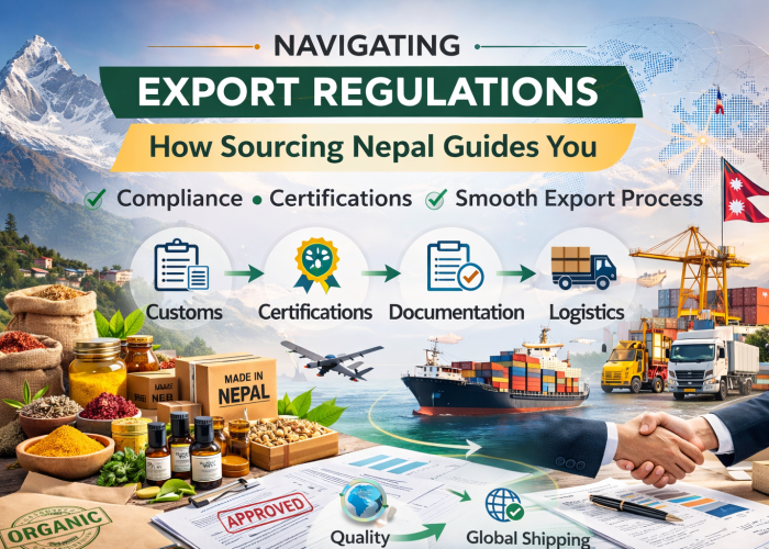 navigating-export-regulations-sourcing-nepal Infographic showing Sourcing Nepal’s export services: Nepalese products like spices, herbs, honey, and essential oils in the foreground, export documents marked approved, icons for customs, certifications, logistics, and global shipping, with a world map and container ship in the background, highlighting compliance and seamless international trade.