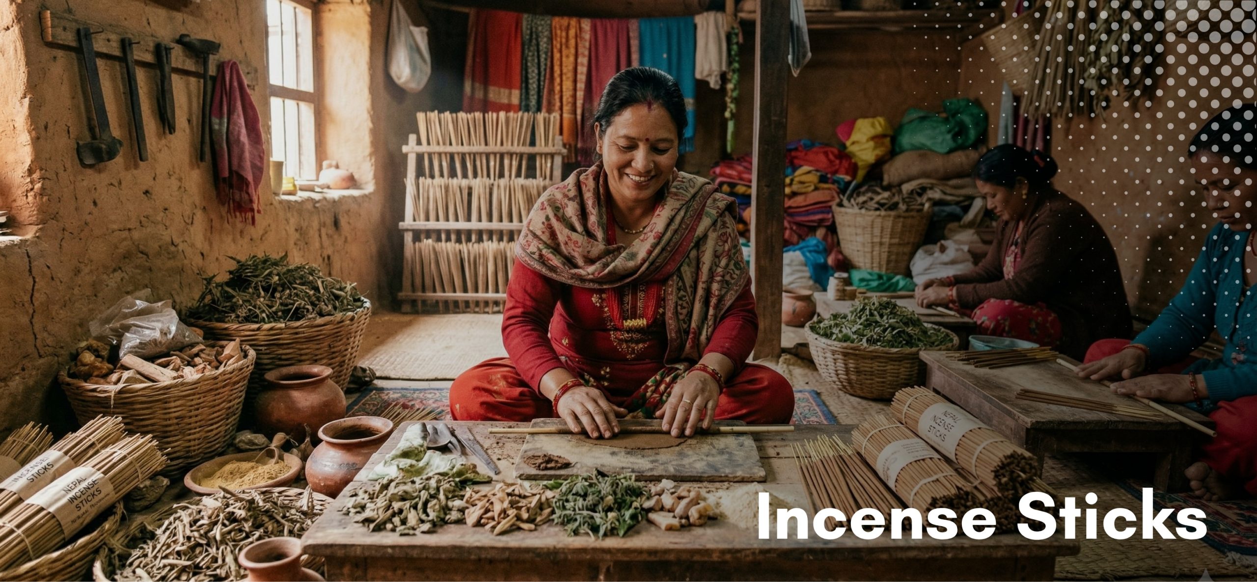 A group of Nepali women skillfully hand-rolling traditional incense sticks in a rustic, authentic workshop, surrounded by bundles of raw Himalayan herbs and natural ingredients for sourcing.