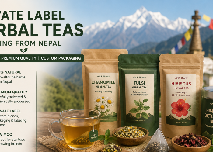 Private label herbal tea packaging sourcing from Nepal for global buyers