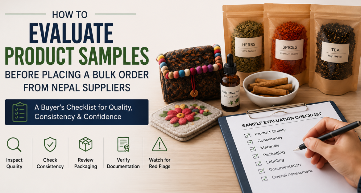 Buyer evaluating product samples while sourcing from Nepal before placing a bulk order.