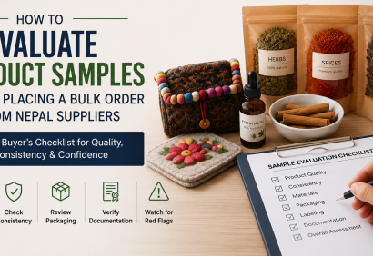Buyer evaluating product samples while sourcing from Nepal before placing a bulk order. Buyer evaluating product samples while sourcing from Nepal before placing a bulk order.