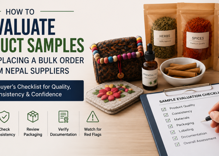 Buyer evaluating product samples while sourcing from Nepal before placing a bulk order.